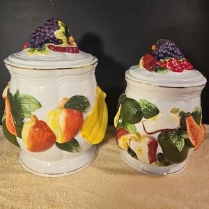 KMC Set Of 2 Colorful  Ceramic canisters/ Cookie Jar with a fruit motif. MCM